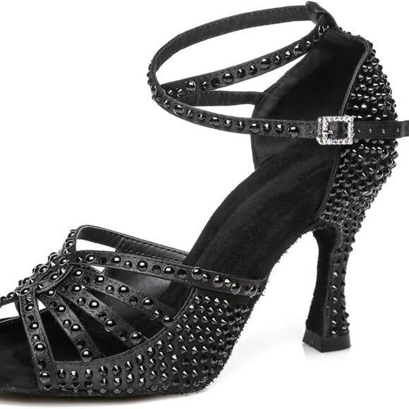Women's Satin Latin Dance Shoes Rhinestones Ballroom Salsa Rumba Professional - Picture 1 of 7